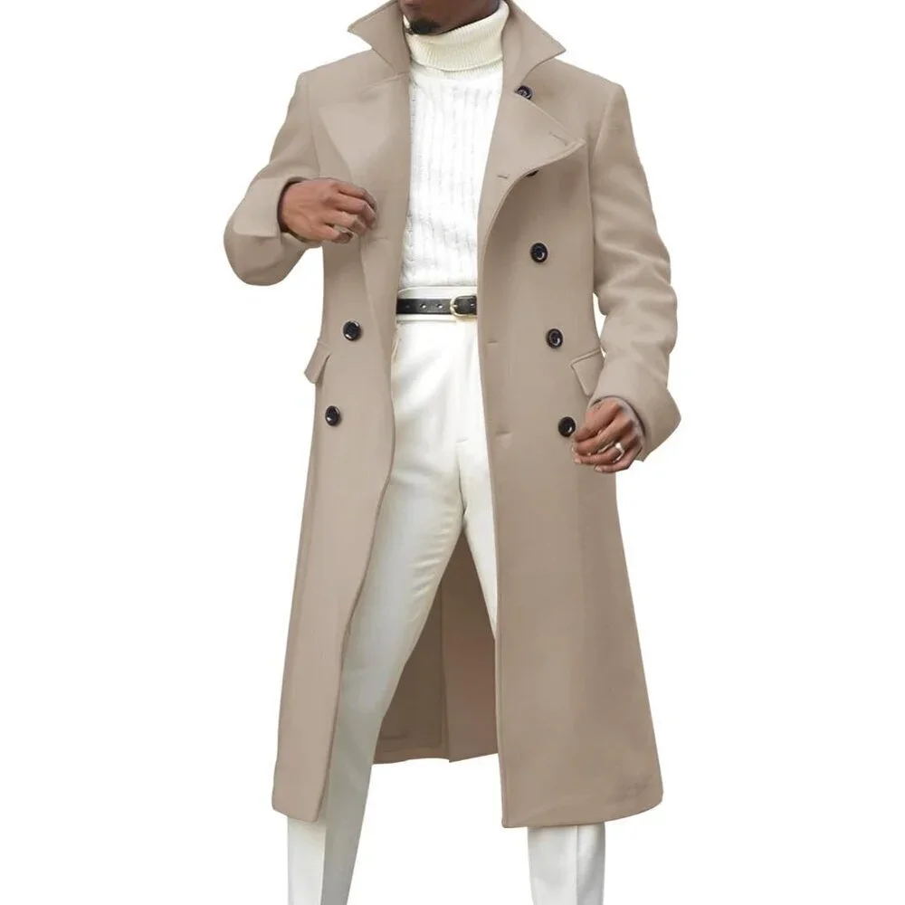 Men's Beige Notch Lapel Double Breasted Long Trench Coat Cotton Blend Pea coat